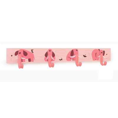 Childrens Wooden Wall Hanger with 4 Hooks - Pink Elephants | F2125