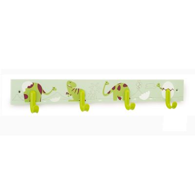 Childrens Wooden Wall Hanger with 4 Hooks - Green Dinos | F2126