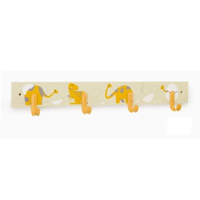 Childrens Wooden Wall Hanger with 4 Hooks - Yellow Dinos | F2127