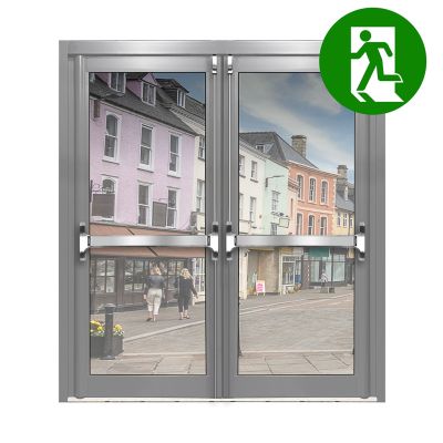 Aluminium Double Door Fire Exit All Glass - Mid Grey RAL 7040 (PAS24)