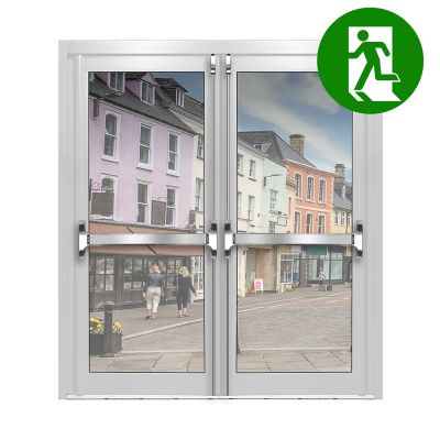 Aluminium Double Door Fire Exit All Glass - White RAL 9010 (PAS24)