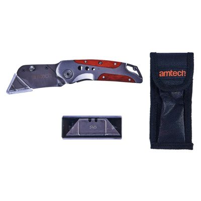 Amtech Folding Lock-Back Utility Knife - Wooden Grip | T3186